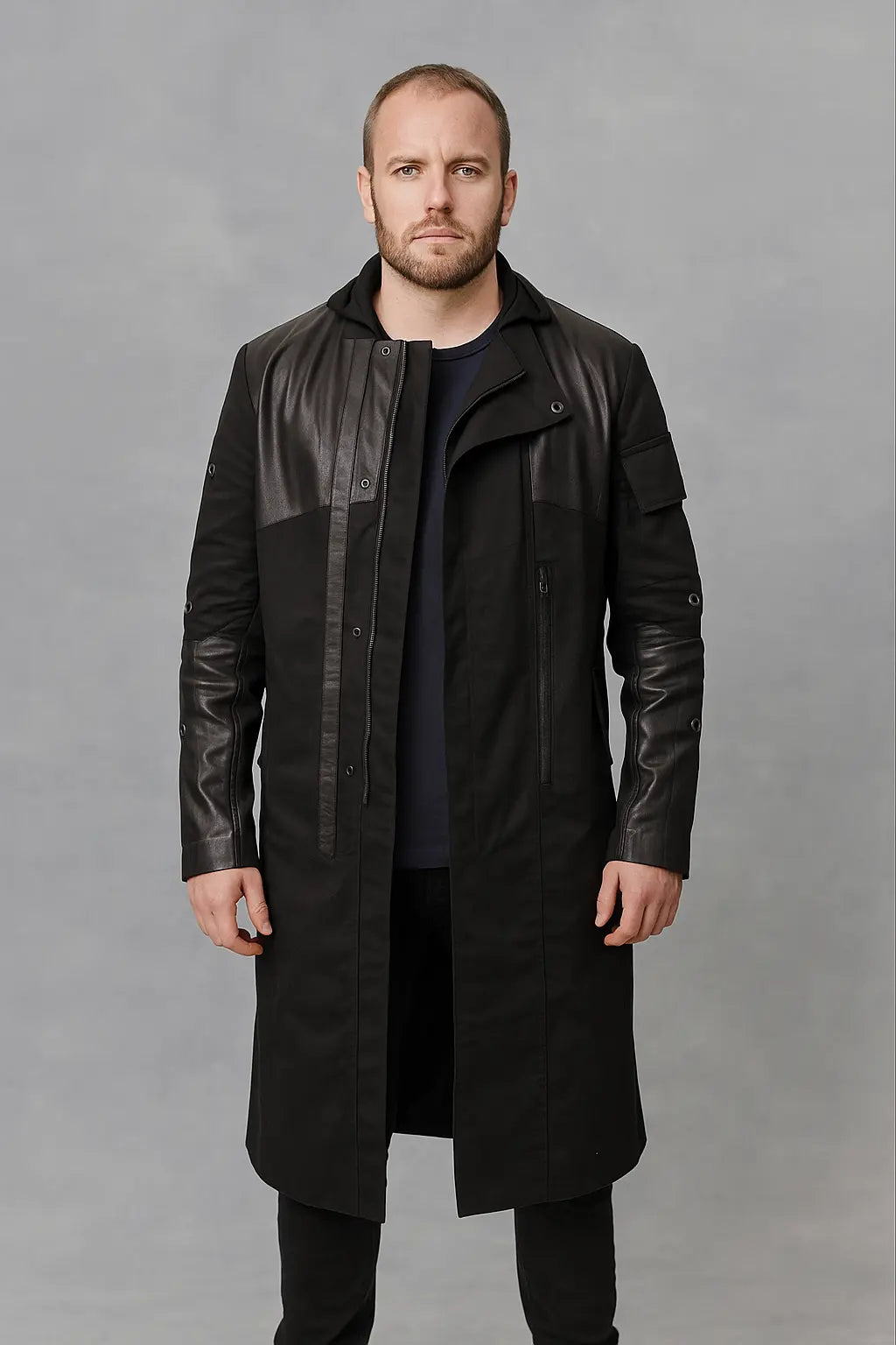 Front view of Adam Jensen Deus Ex black trench coat replica