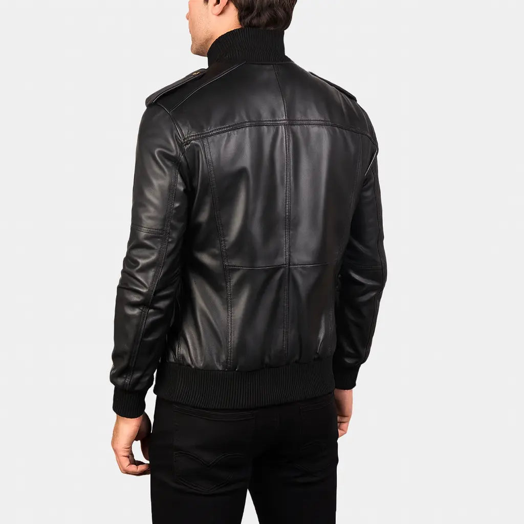 Back view of Agent Shadow black leather bomber jacket with ribbed hem and cuffs