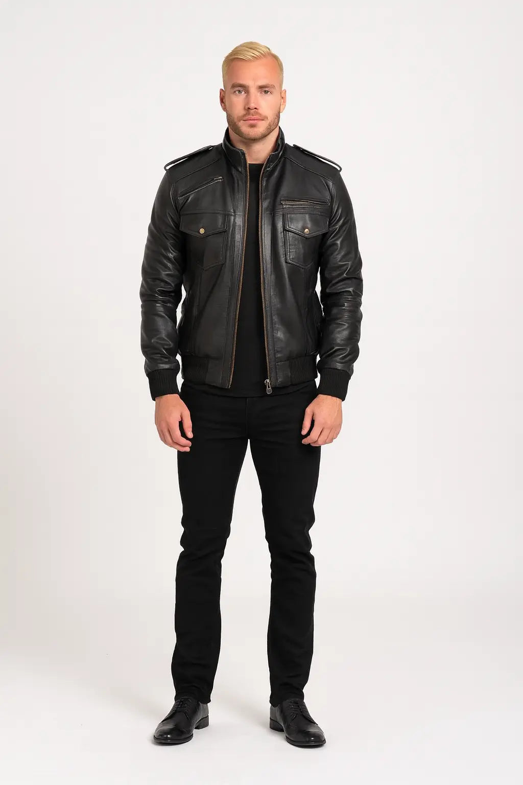 Front view of Agent Shadow black genuine leather bomber jacket for men