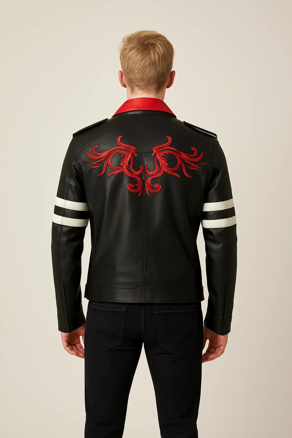 Back view of Alex Mercer Prototype Leather Jacket featuring red embroidered dragon design