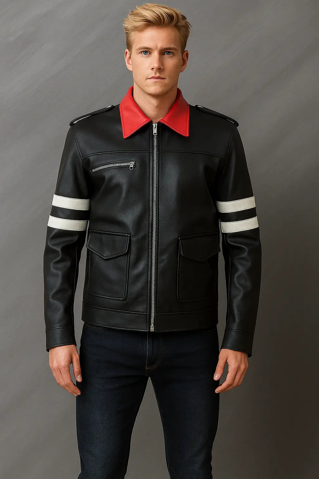Alex Mercer Prototype Black Leather Jacket with red collar and white sleeve stripes – front view