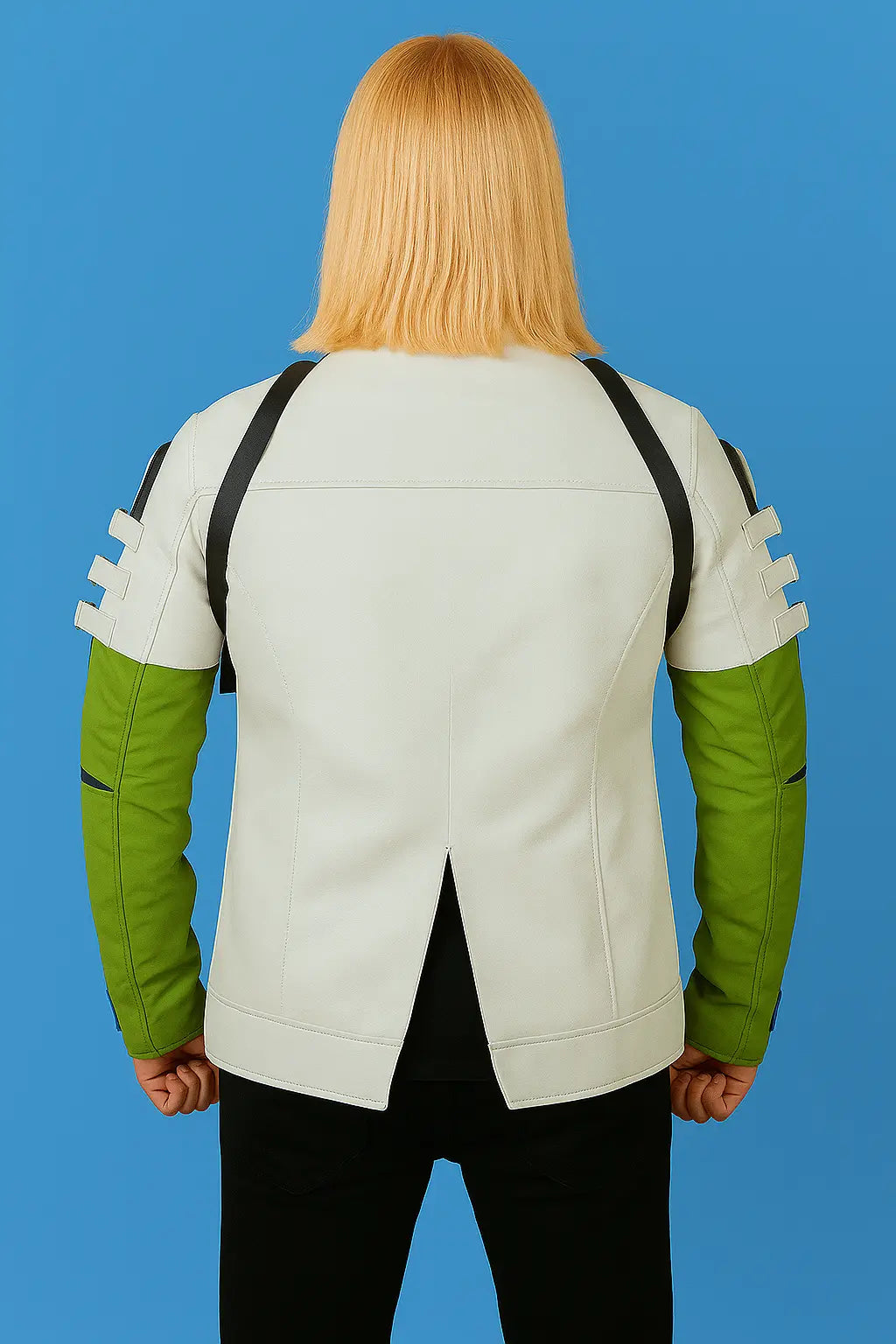 Back view of Apex Legends Crypto Green and White Vegan Leather Jacket with strap accents and futuristic cosplay design