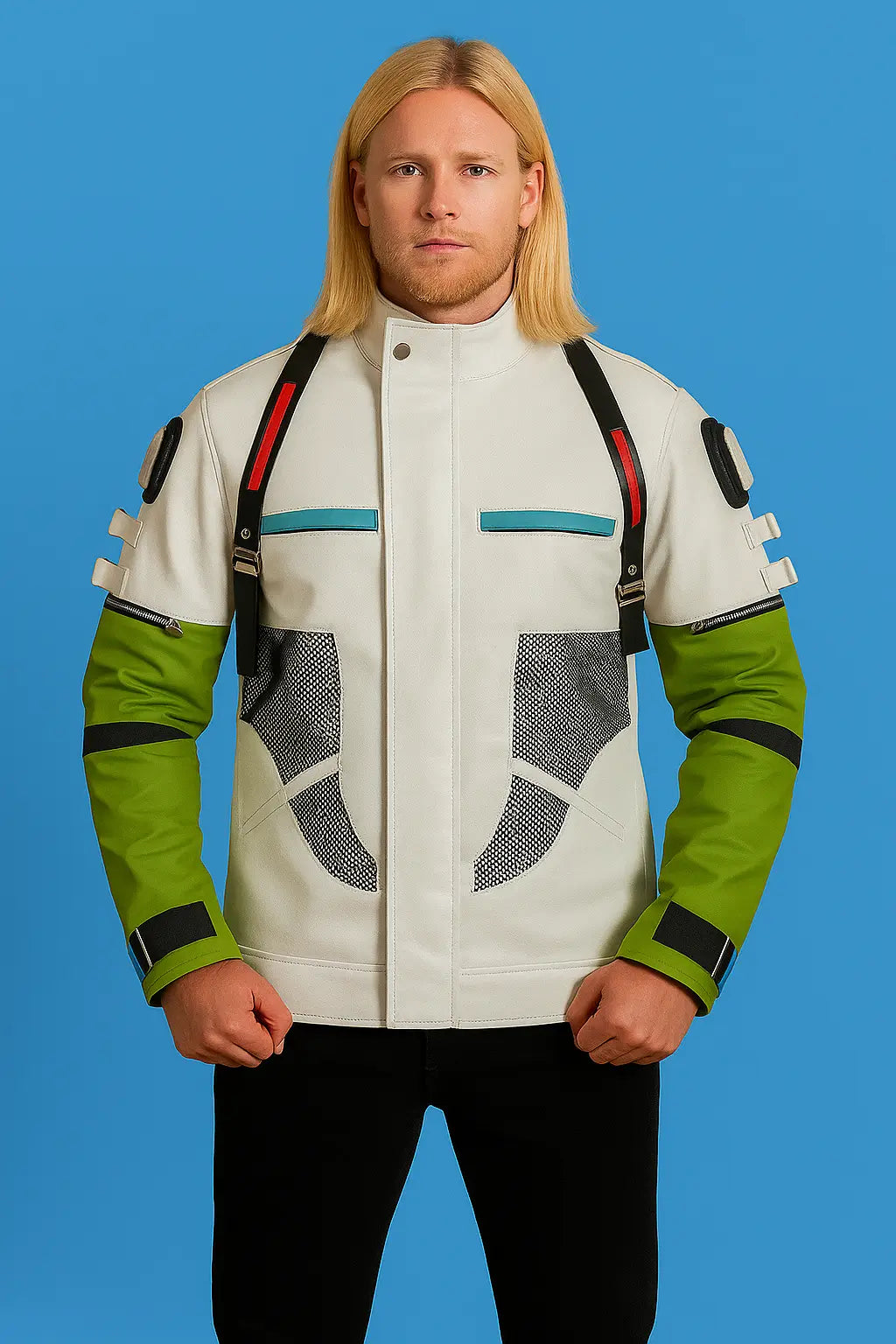 Front view of Apex Legends Crypto Green and White Vegan Leather Jacket with screen-accurate detailing and zipper closure