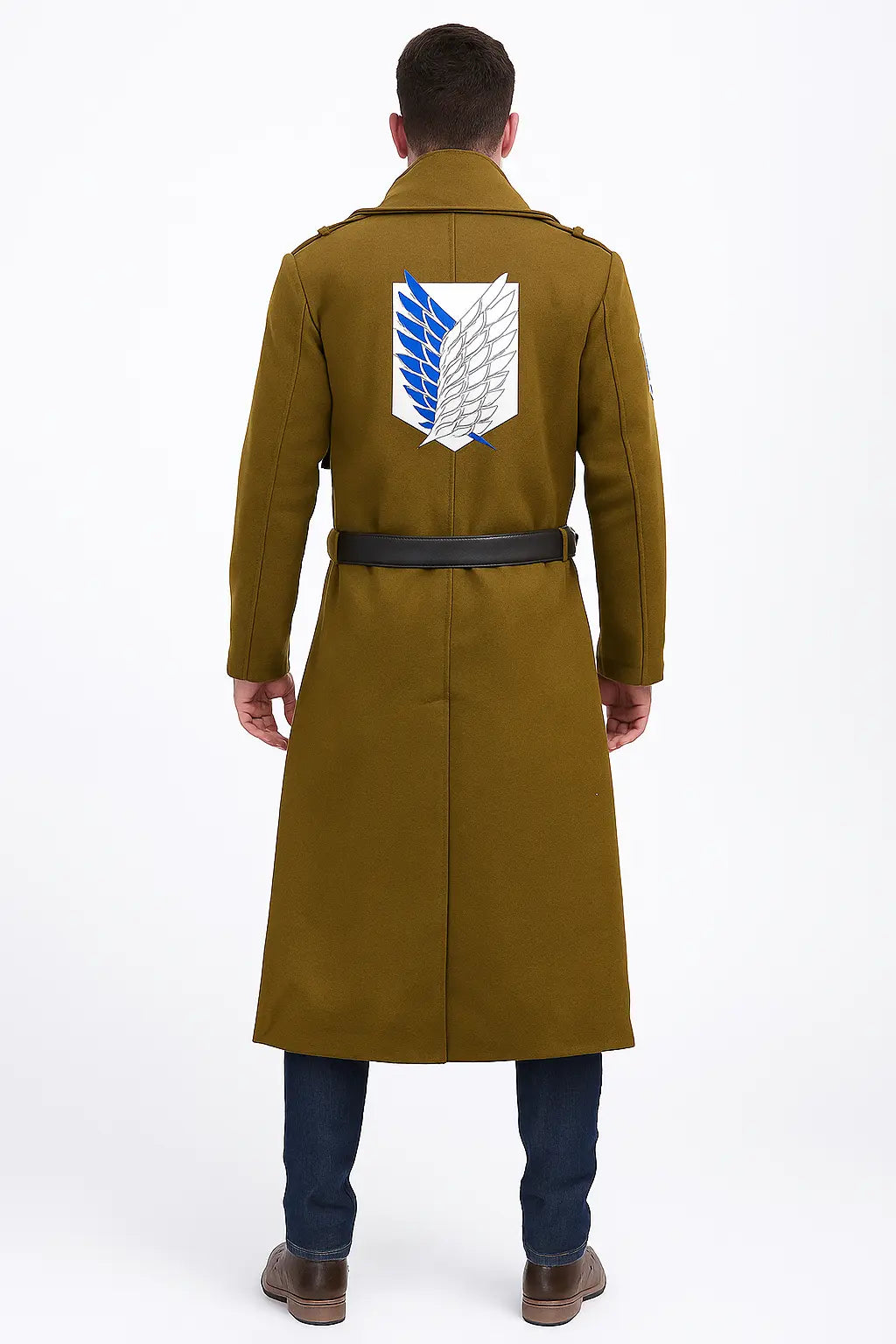 Back view of Attack on Titan Eren Jaeger Survey Corps green wool coat with emblem design