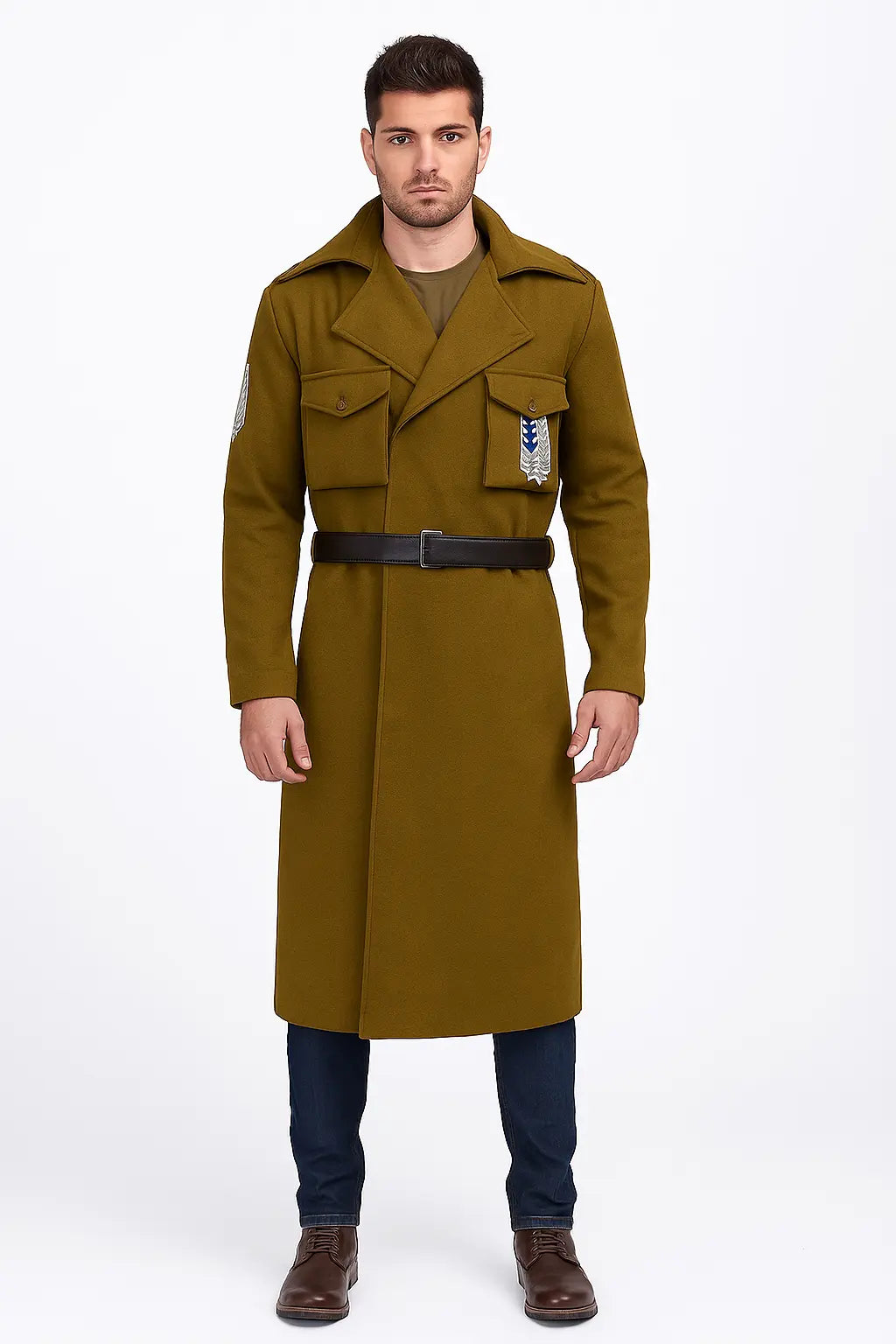 Front view of Attack on Titan Eren Jaeger Season 3 Survey Corps green wool coat cosplay costume