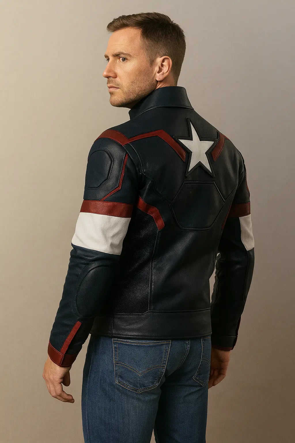 Back view of Avengers Age of Ultron Captain America leather jacket with stripes and star emb