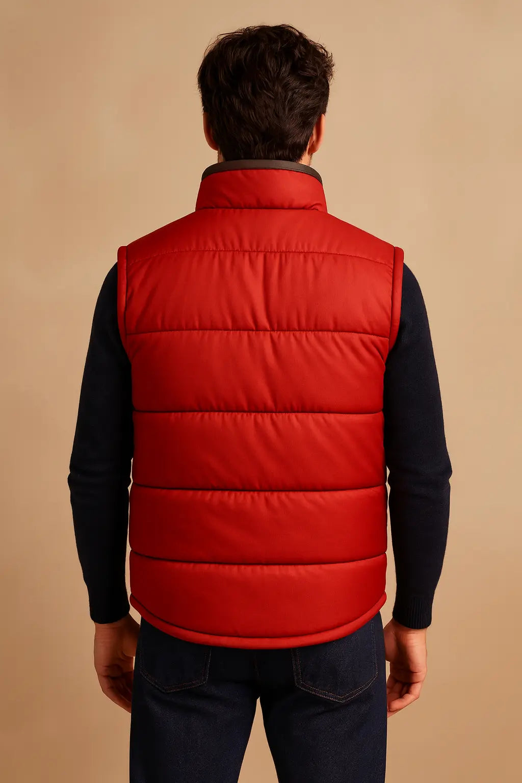Back view of Back to the Future Marty McFly red padded vest with quilted design