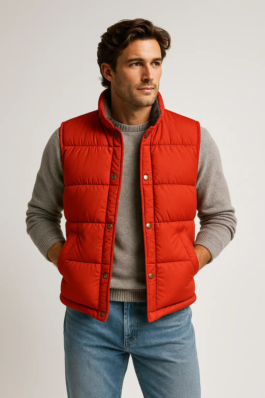Front view of Back to the Future Marty McFly red puffer vest with zipper closure – classic 80s style