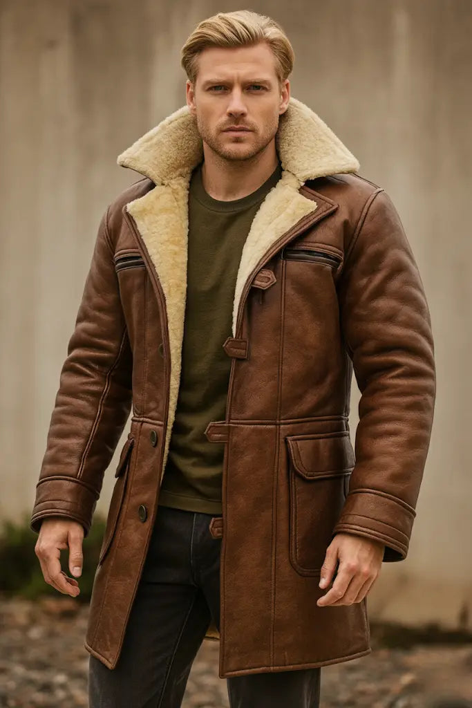 The Dark Knight Rises Bane Brown Shearling Leather Coat Front View