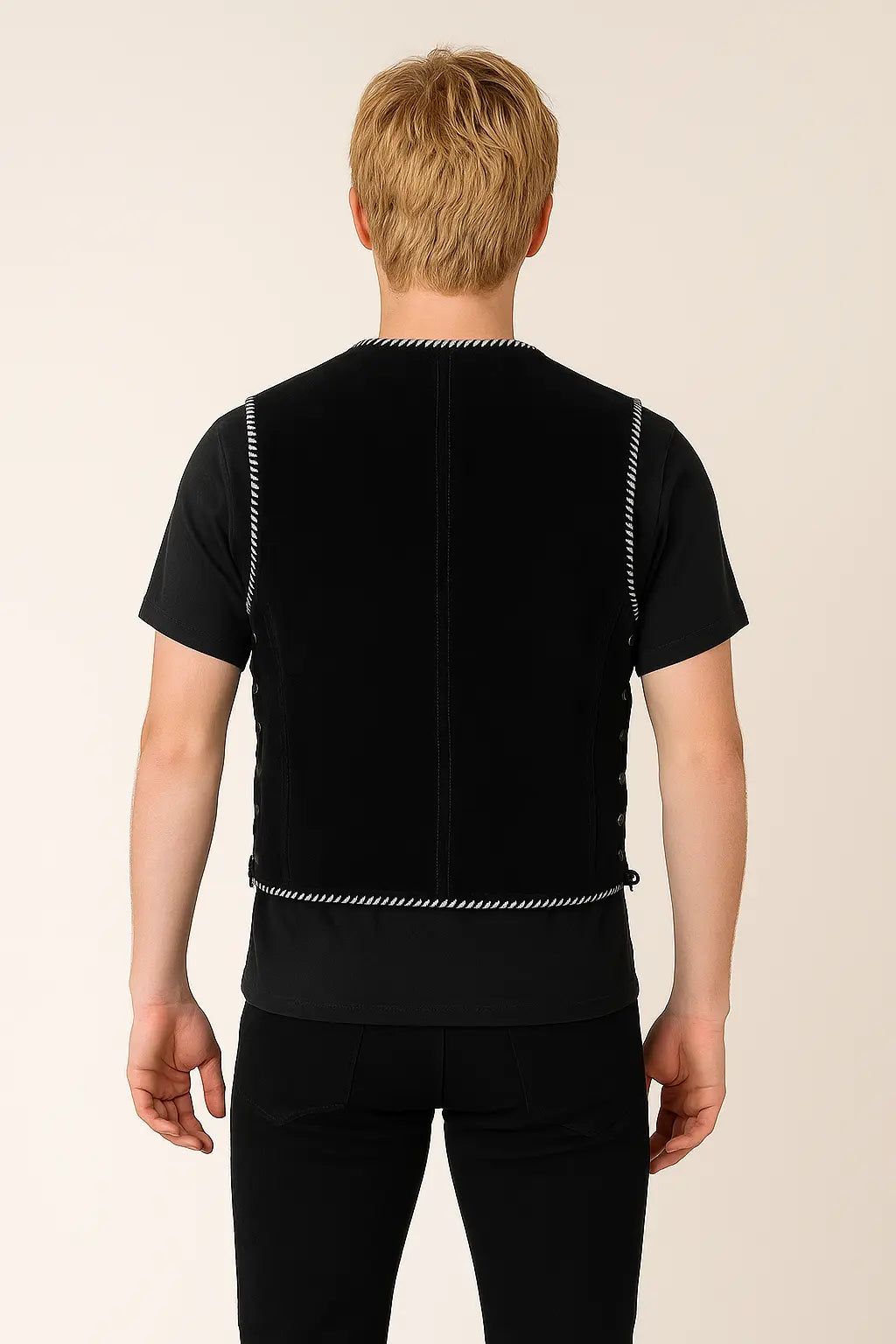 Back view of black suede biker vest with braided detailing and classic biker style