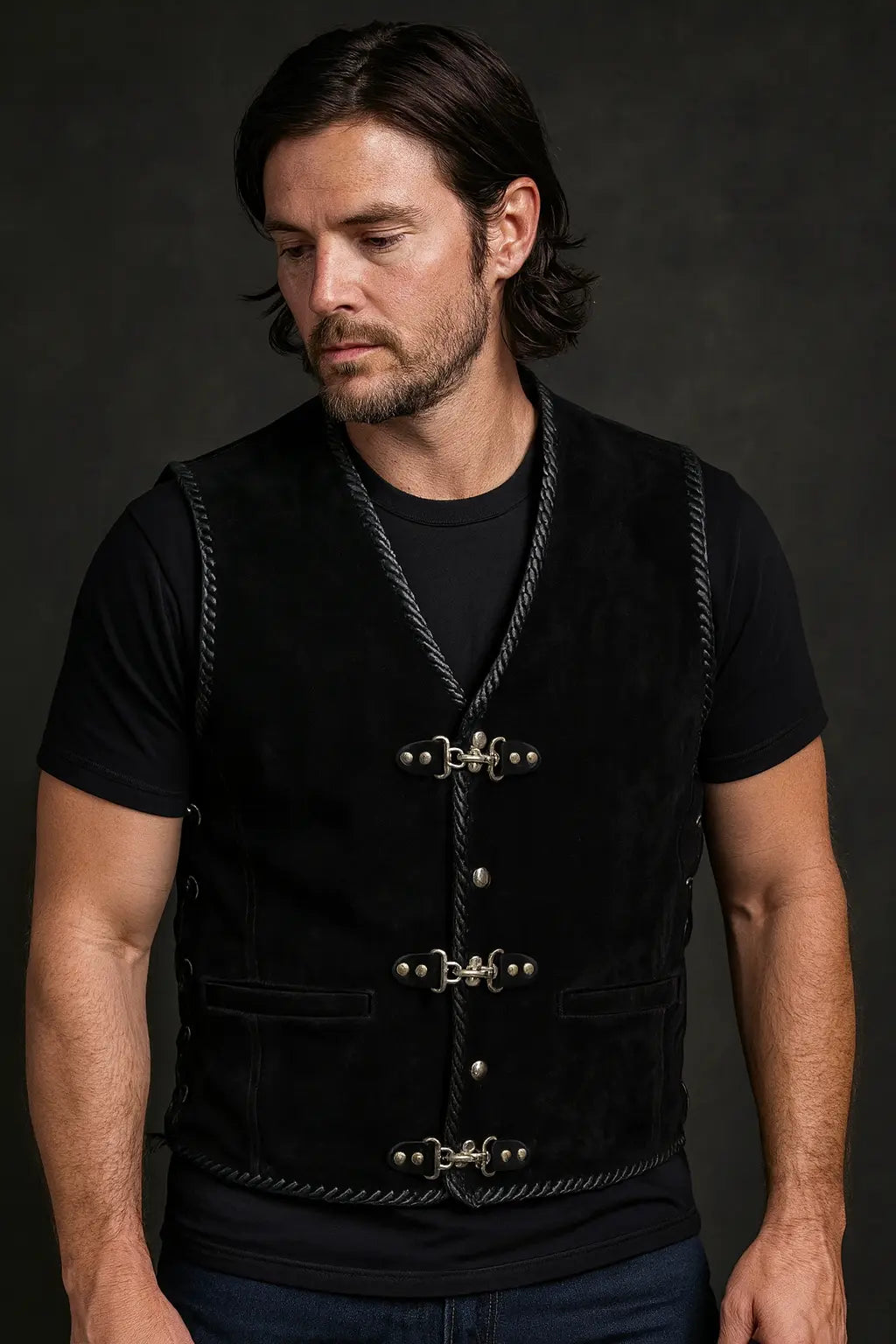 Front view of black suede biker vest with Spanish braid design and metal clasp closure