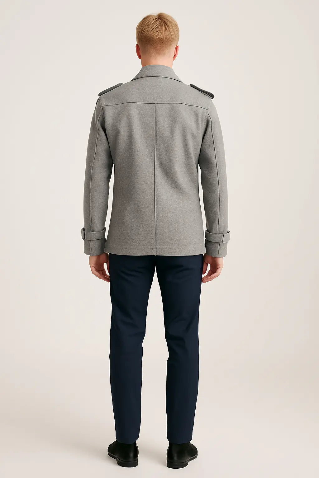 Back view of Falcon and the Winter Soldier Bucky Barnes wool coat in grey with tailored fit