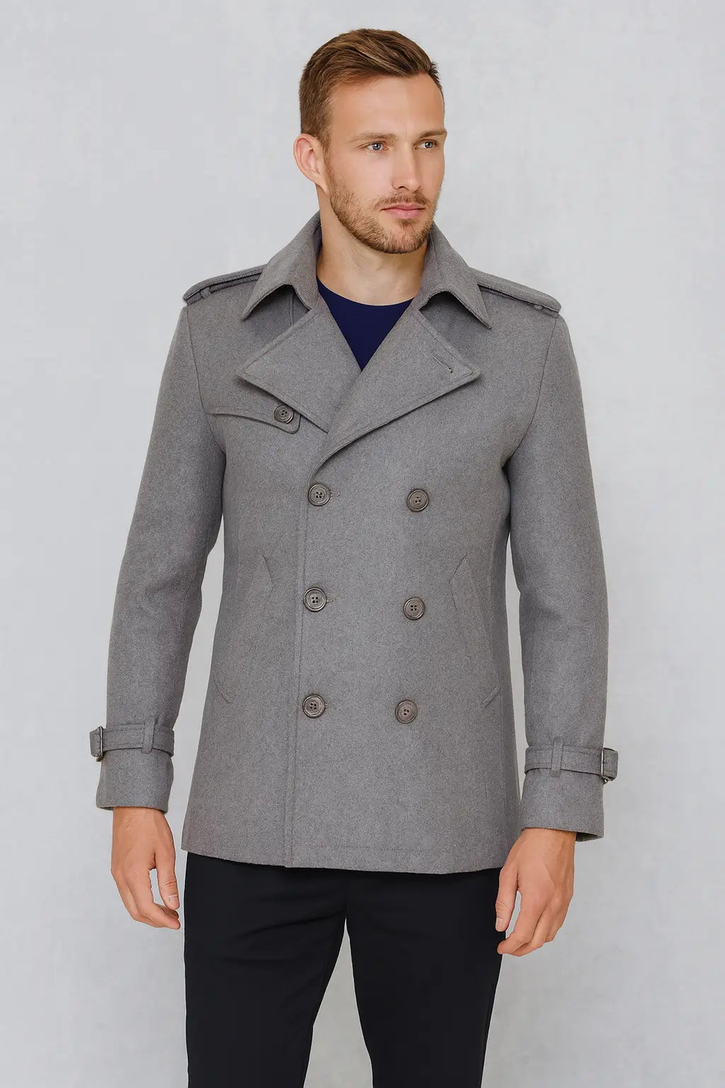 Front view of Bucky Barnes Falcon and the Winter Soldier grey wool coat with button closure and epaulets