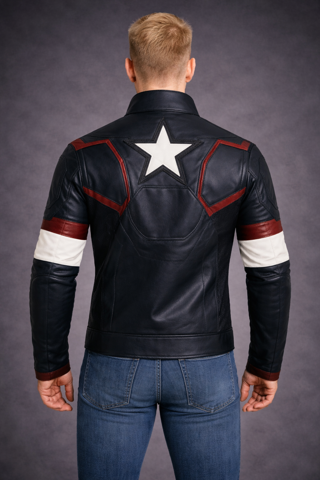 Back view of Captain America Marvel leather jacket, cosplay style