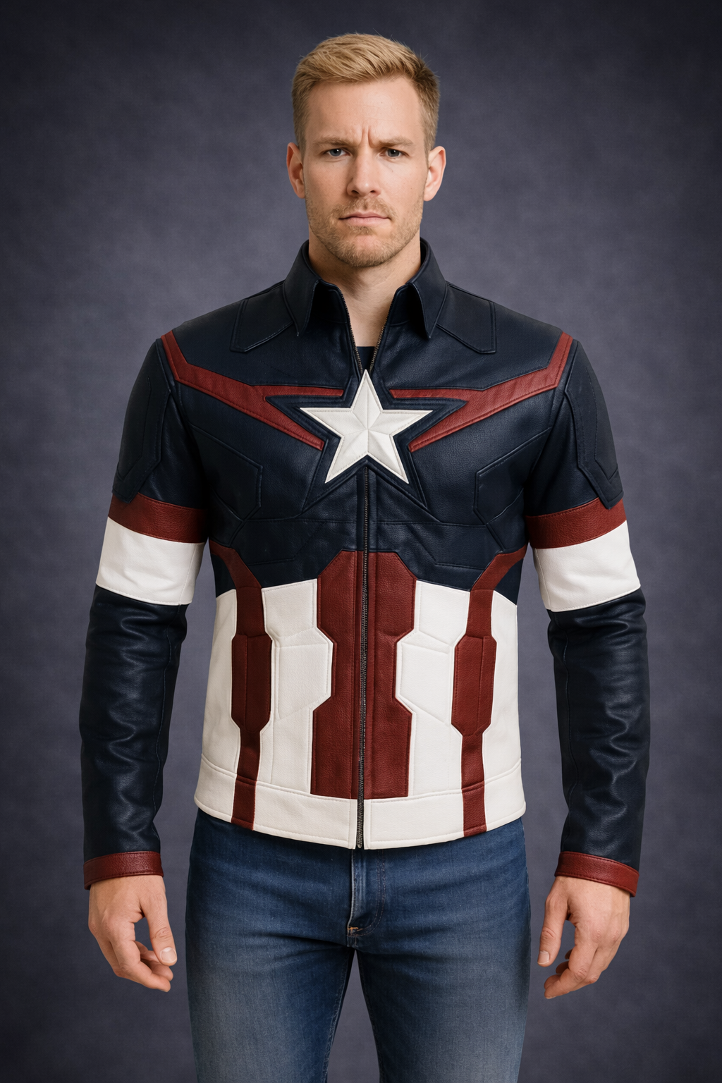 Front view of Captain America Age of Ultron leather jacket with star emblem, Marvel cosplay costume