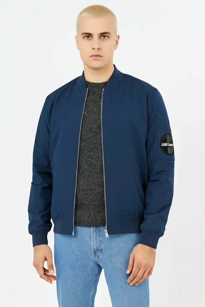 Chris Pratt-inspired navy blue bomber jacket front view from The Terminal List.