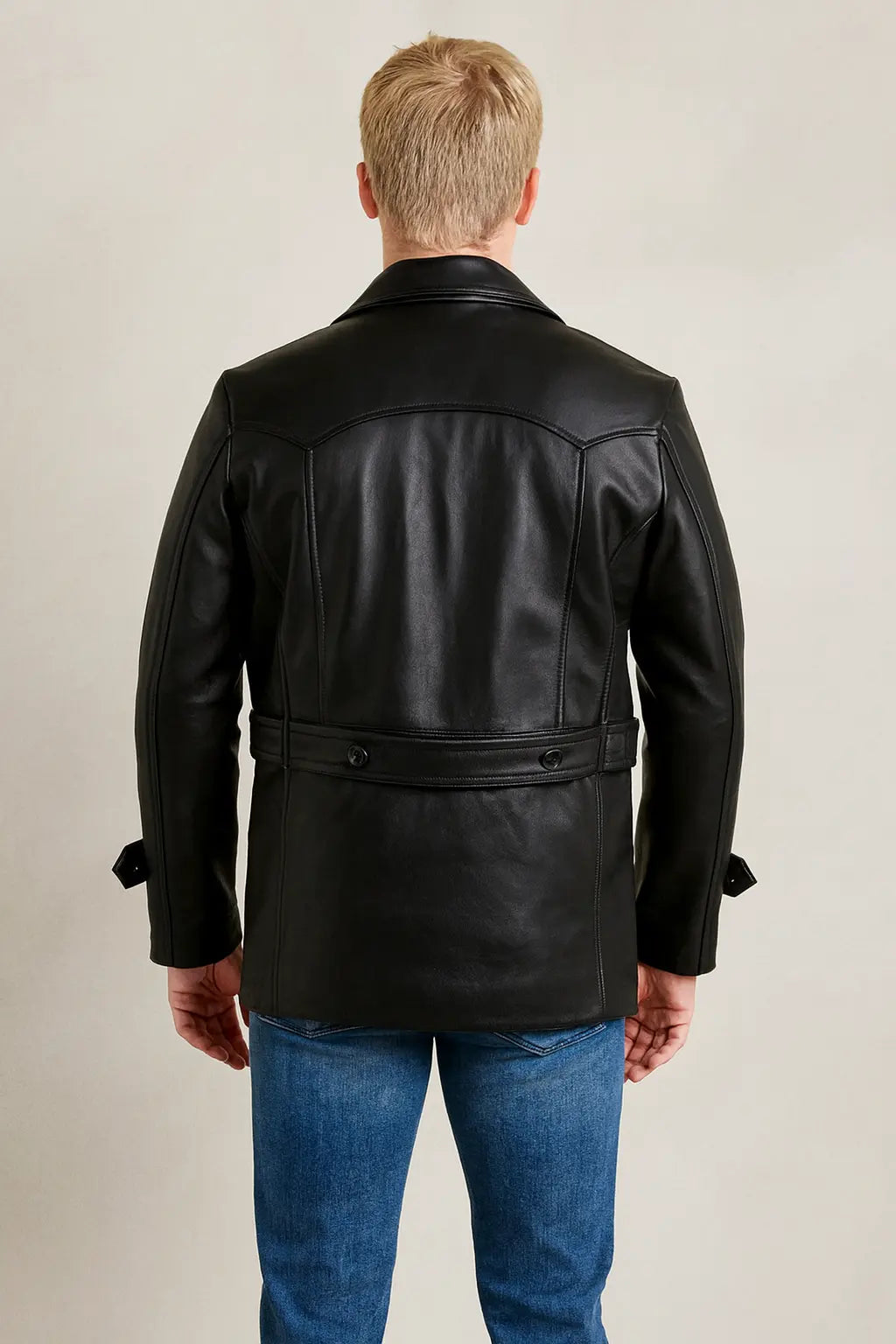 Back view of Christopher Eccleston Ninth Doctor inspired black leather peacoat