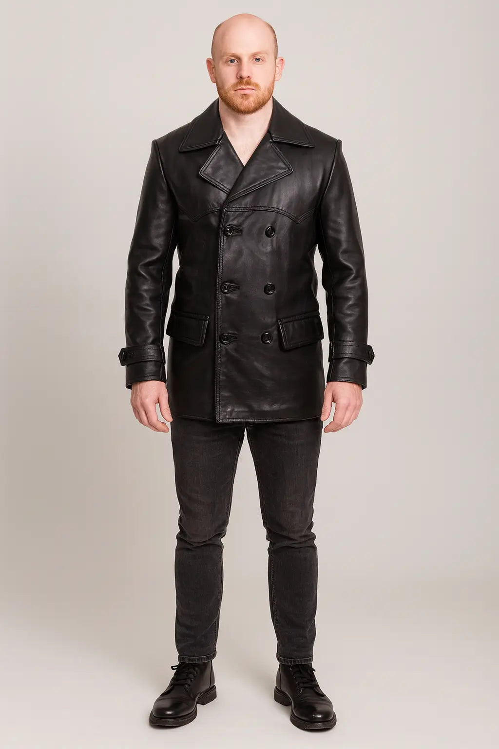 Front view of Christopher Eccleston Doctor Who Black Leather Peacoat with button closure