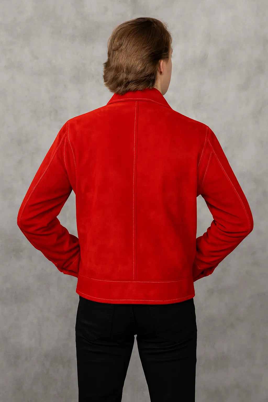 Back of Smallville Clark Kent Tom Welling inspired red suede leather jacket cosplay
