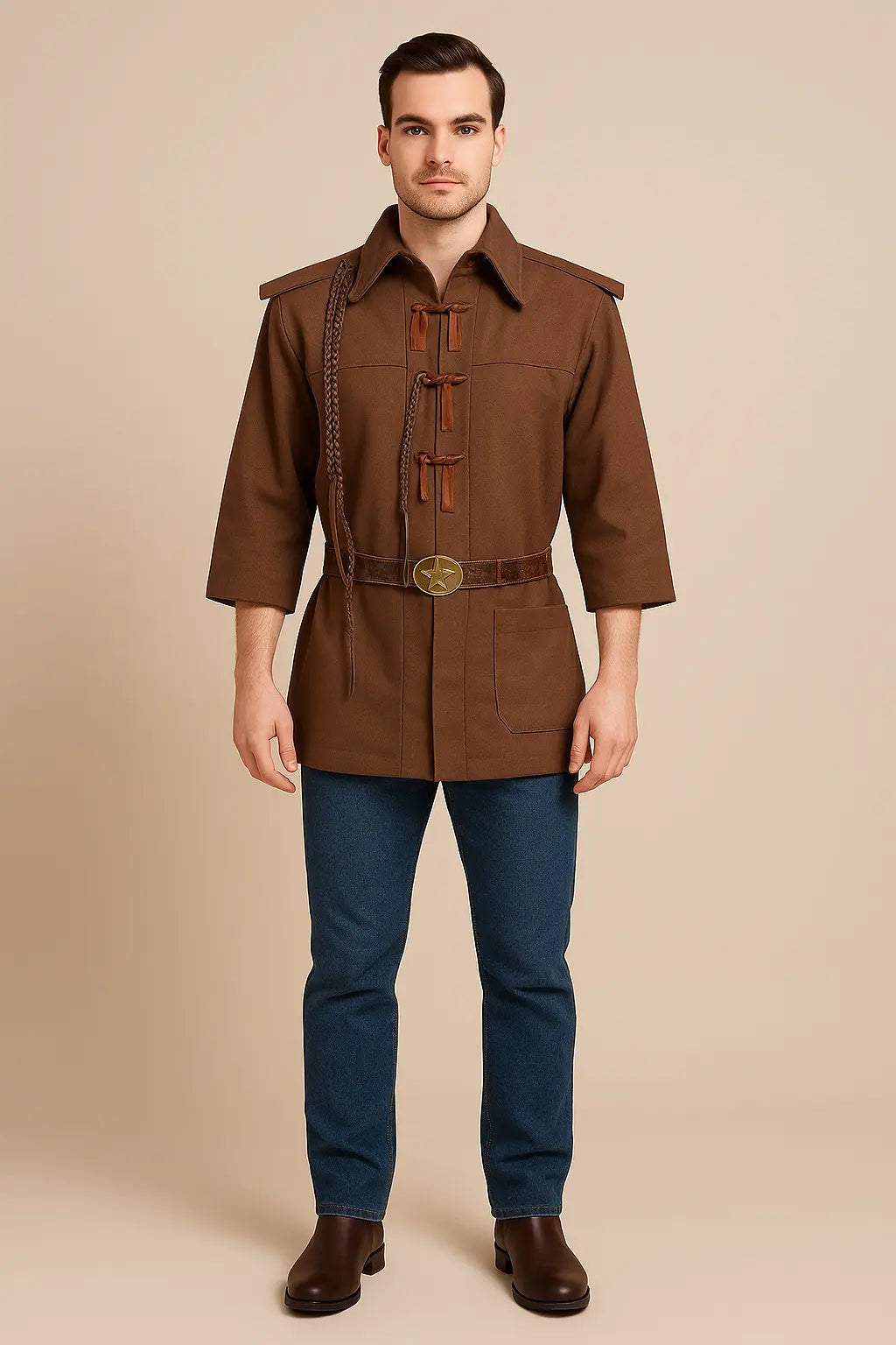 Front view of Clint Eastwood The Outlaw Josey Wales brown cotton cowboy coat with toggle closure