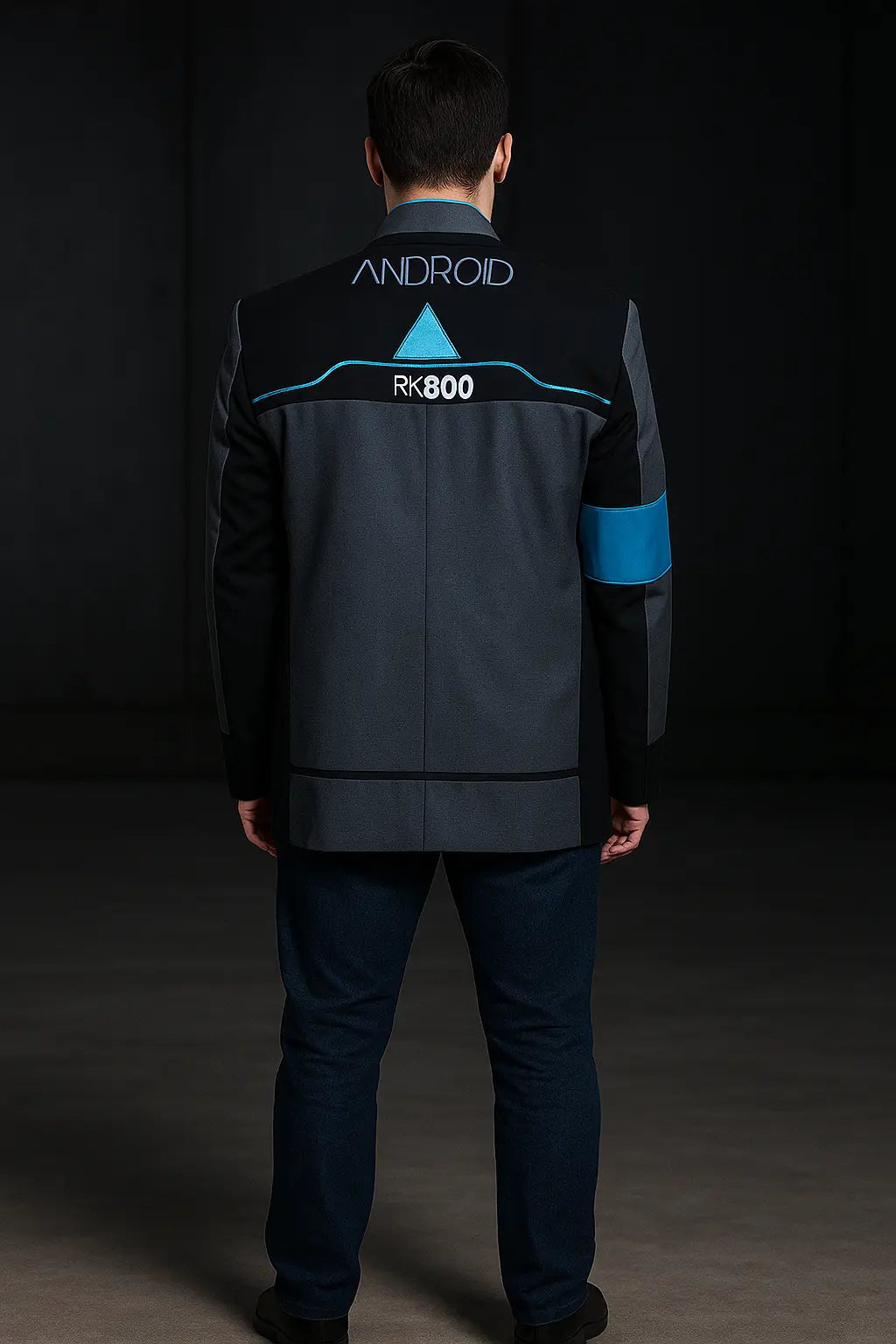 Back view of Detroit Become Human Connor RK800 black cotton jacket with RK800 logo design