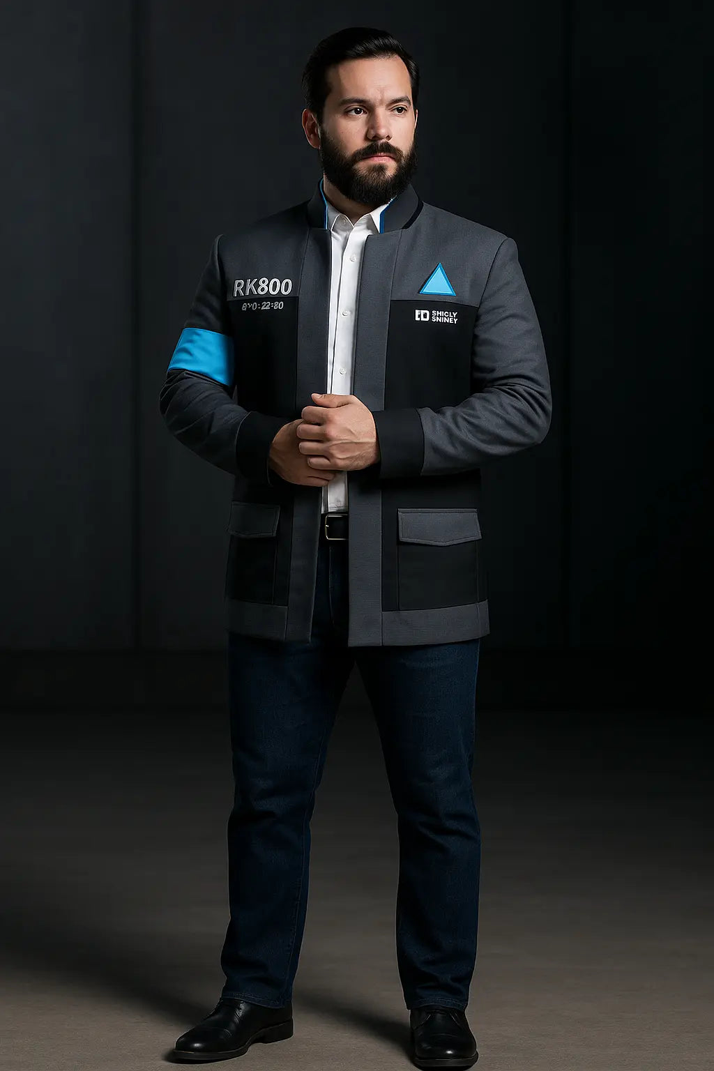 Front view of Detroit Become Human Connor RK800 black cotton jacket cosplay costume