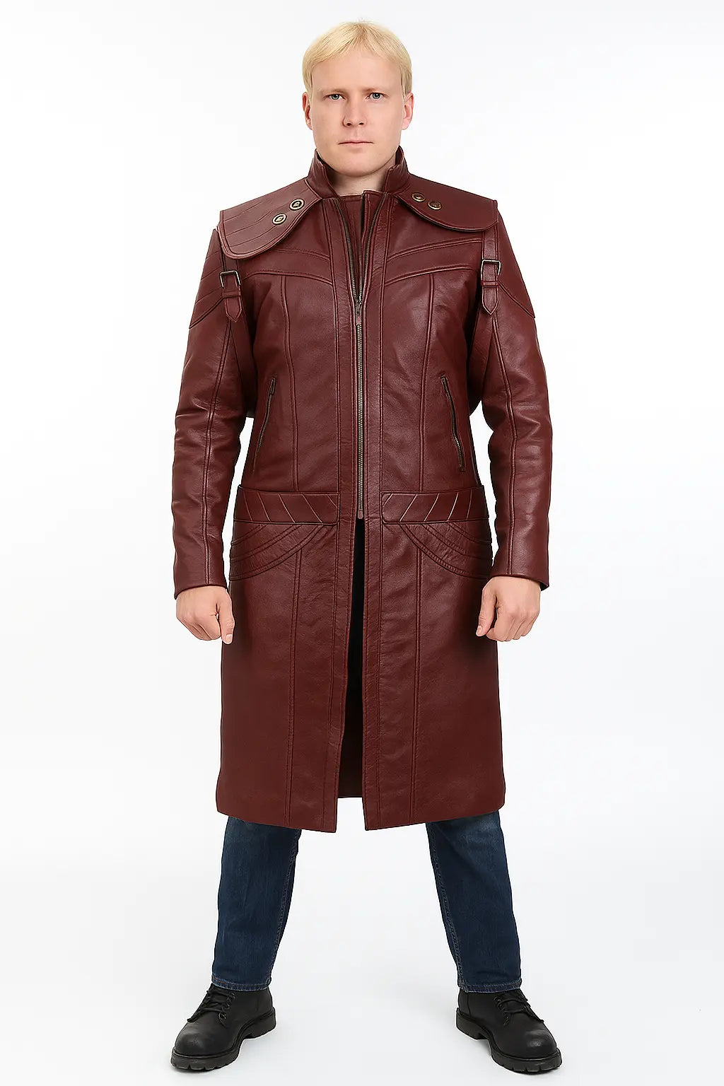 Devil May Cry 5 Dante Red Genuine Leather Trench Coat – Front View