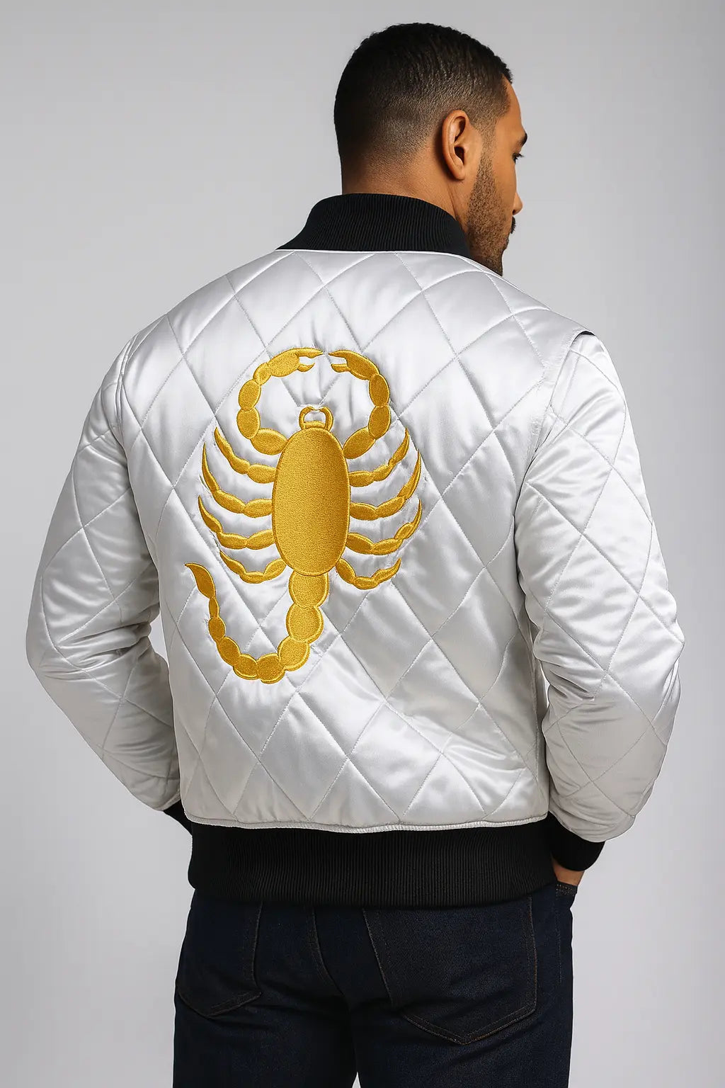Back view of Ryan Gosling Drive scorpion jacket with golden scorpion embroidery