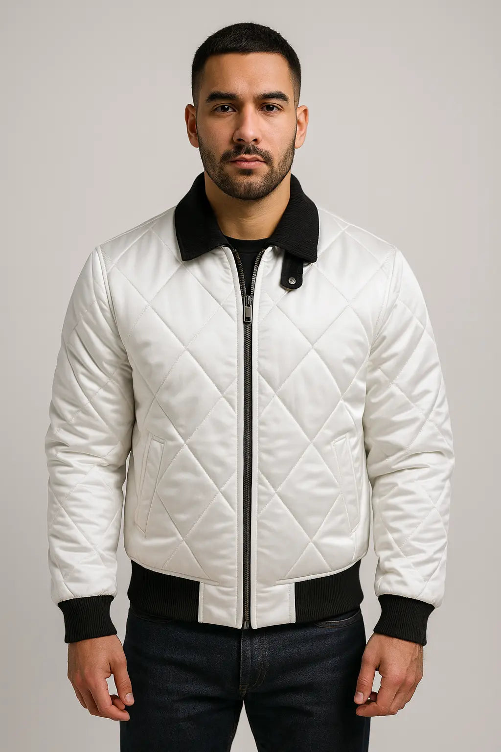 Front view of Drive Scorpion Ryan Gosling white satin bomber jacket with quilted design