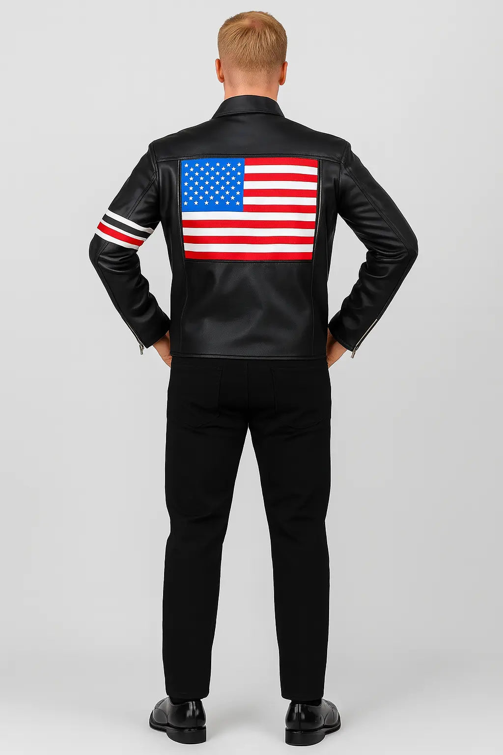 Back view of Easy Rider Peter Fonda motorcycle black leather jacket with American flag design