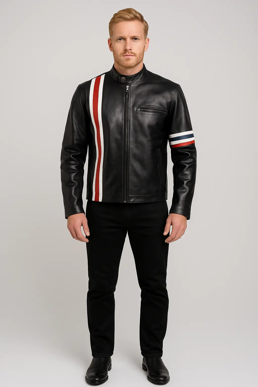 Front view of Easy Rider Peter Fonda black leather motorcycle jacket with USA flag patch design