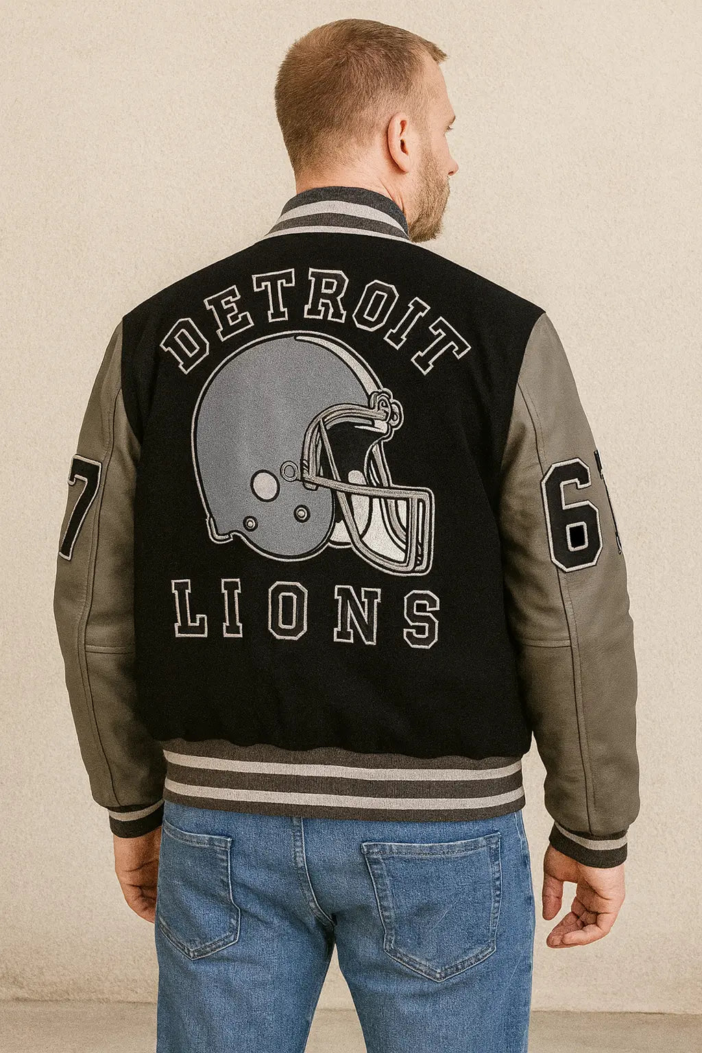 Back  of Eddie Brock Venom 2 Detroit Lions Varsity Jacket featuring Detroit Lions helmet design