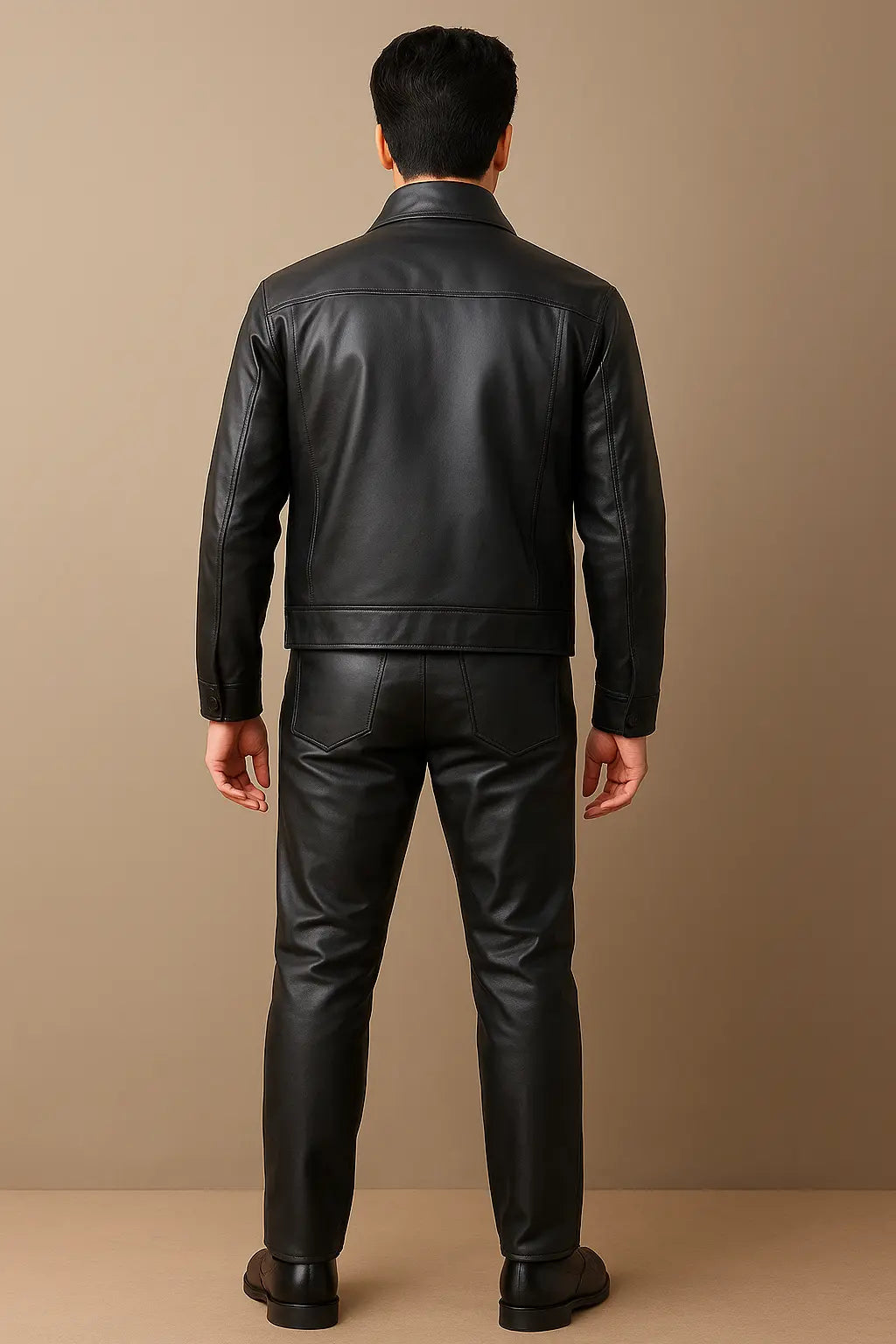 Back view of Elvis Presley Comeback Special black leather suit costume outfit