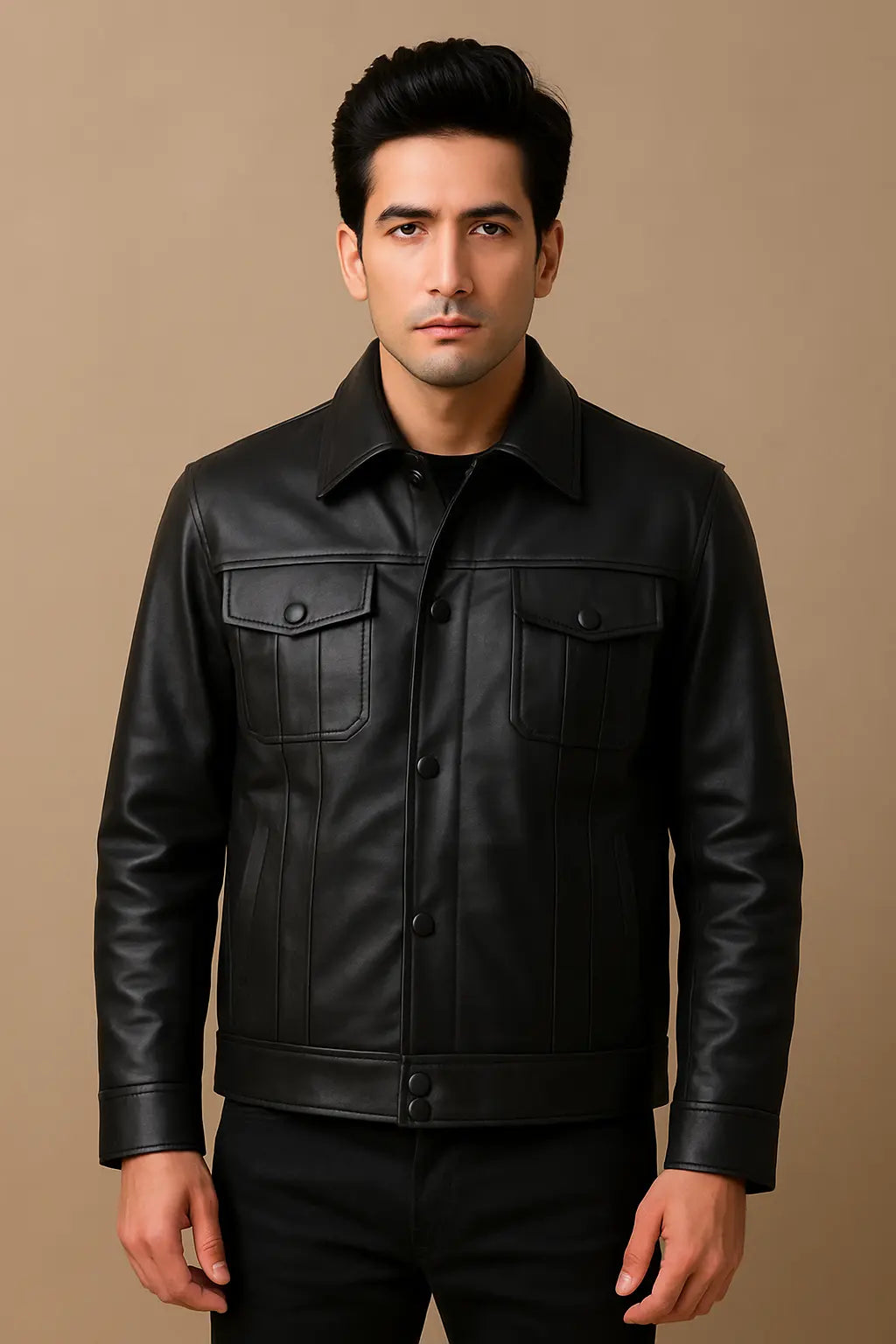 Front view of Elvis Presley 1968 Comeback black leather suit jacket and pants