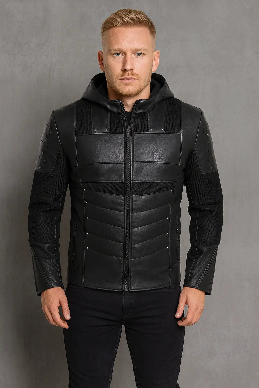 Front of Emerald Archer Green Arrow hooded black leather superhero cosplay jacket with zipper