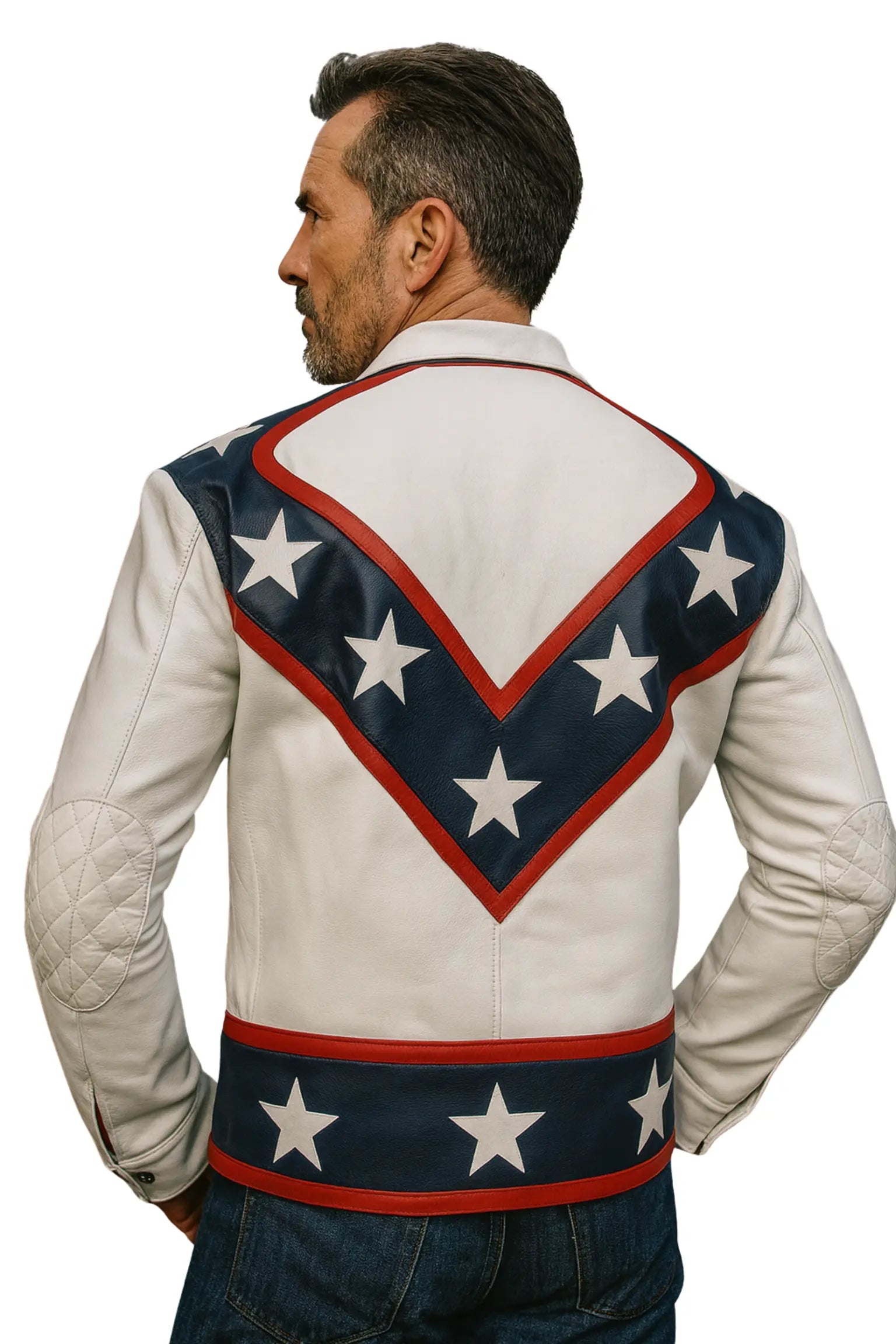 Back view of Evel Knievel star spangled motorcycle style leather jacket in white and blue