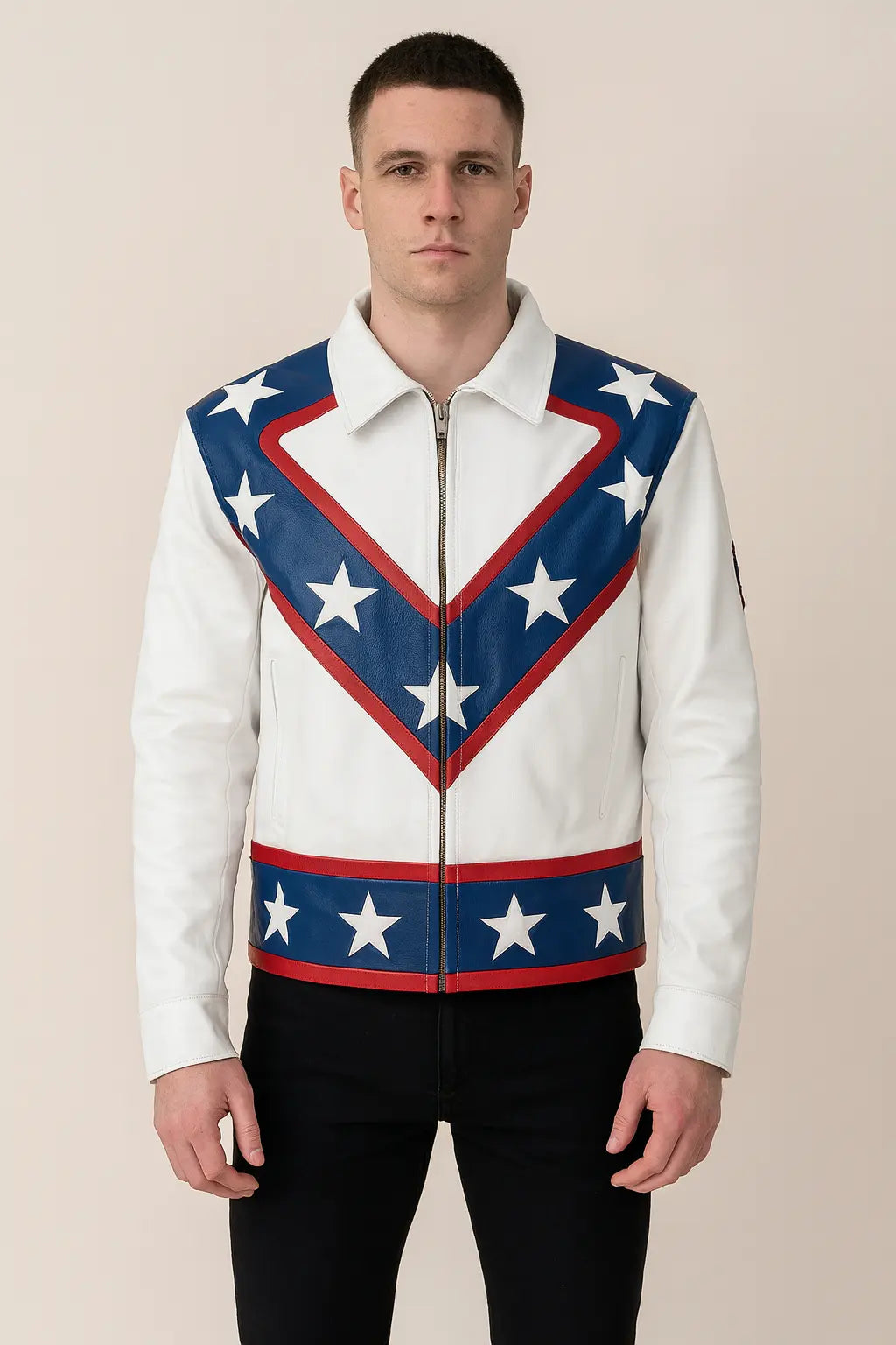 Front view of Evel Knievel white & blue biker leather jacket with star spangled design
