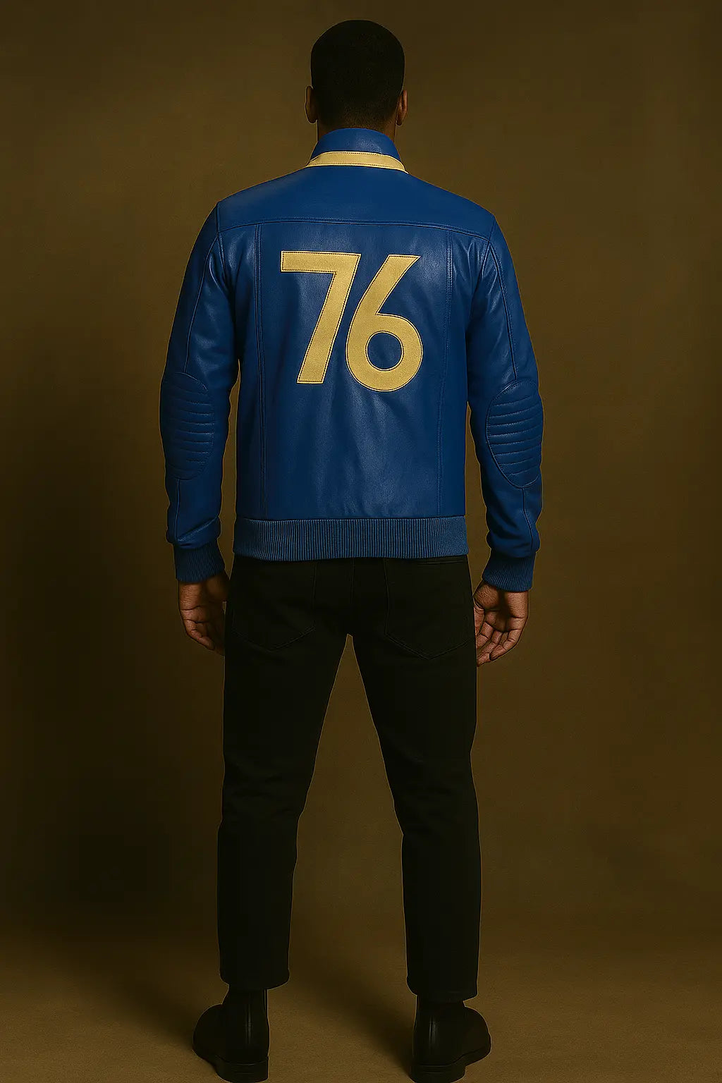 Back view of Fallout 76 Vault Leather Jacket featuring bold yellow Vault 76 number design