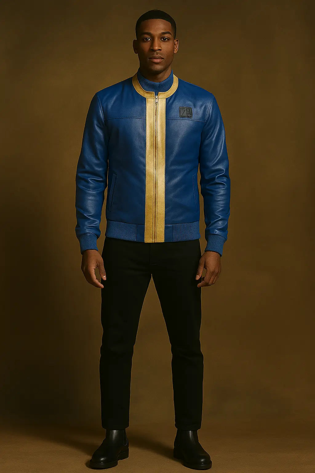 Front view of Fallout 76 Vault Leather Jacket in blue and yellow with zipper closure and Vault 76 chest patch