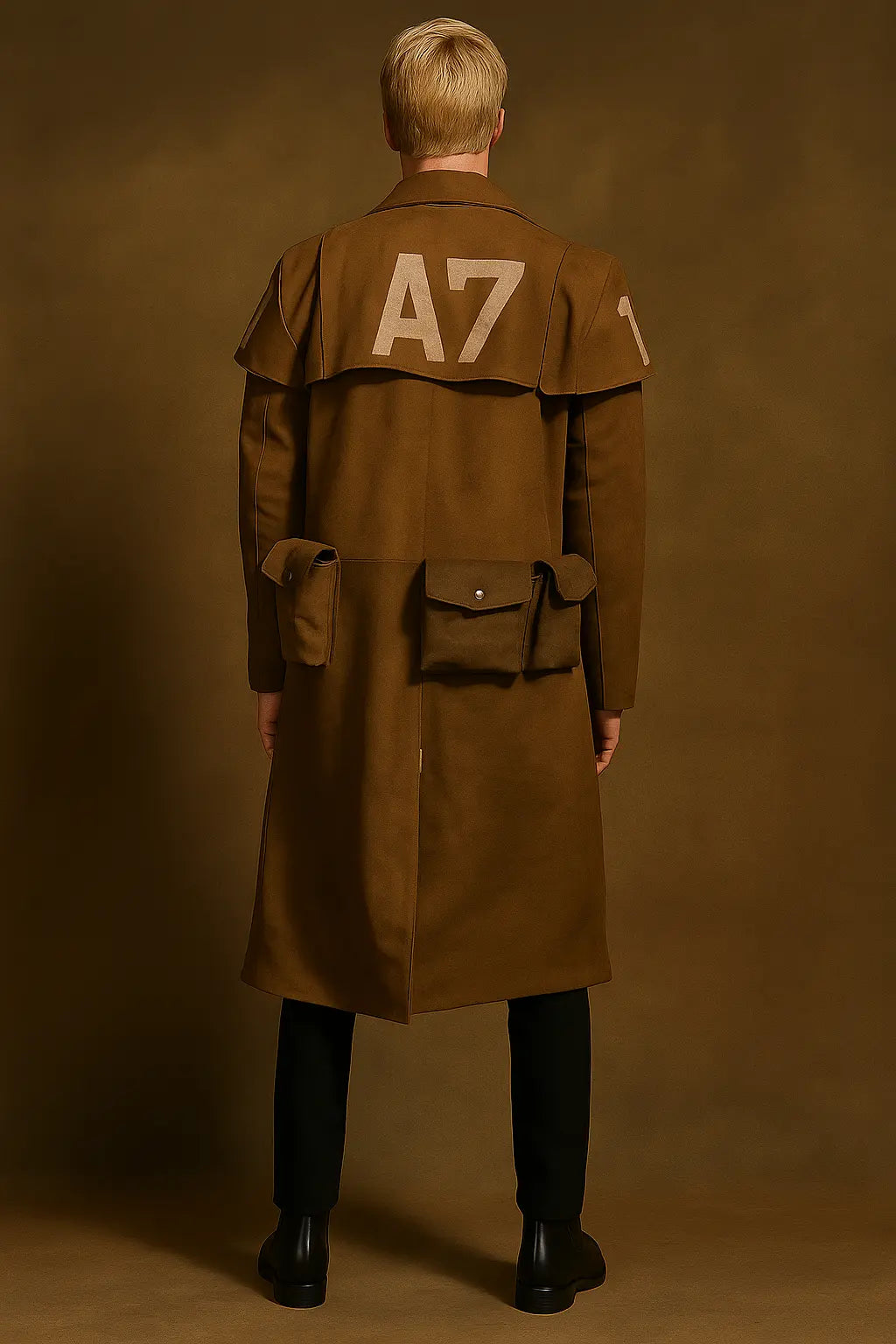 Back view of Fallout NCR Ranger suede leather trench coat with A7 design