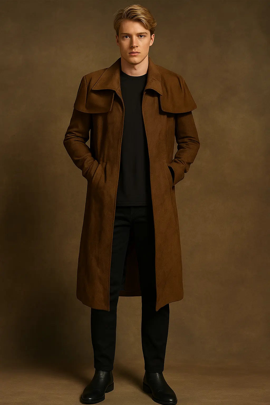 Fallout NCR Ranger brown suede leather coat with open style front – cosplay trench coat
