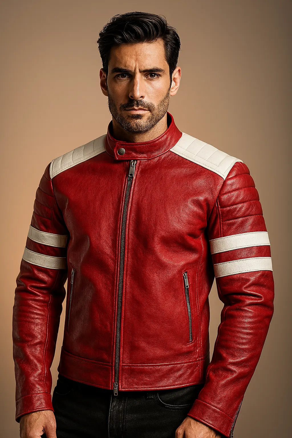 Front view of Fight Club Brad Pitt red genuine leather jacket with shirt-style collar – Tyler Durden inspired