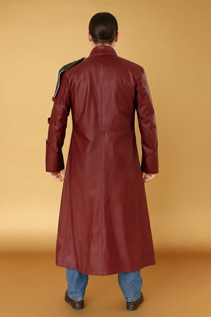 Back view of Guardians of the Galaxy Star Lord long red leather coat inspired by Chris Pratt costume