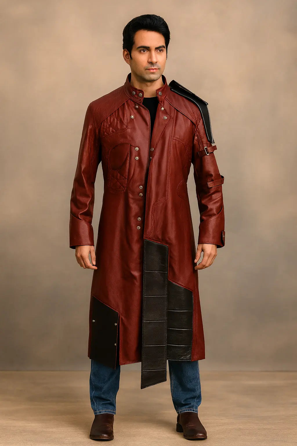 Front view of Guardians of the Galaxy Star Lord red leather coat cosplay costume