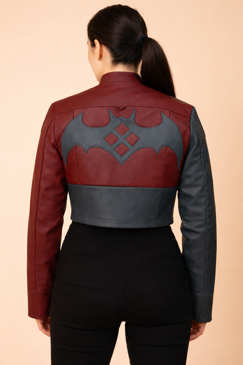Harley Quinn Injustice 2 leather jacket back view with bat emblem