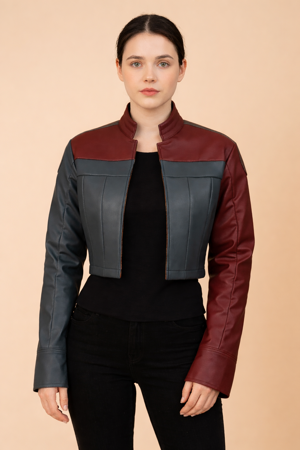 Harley Quinn Injustice 2 red and grey leather jacket front view