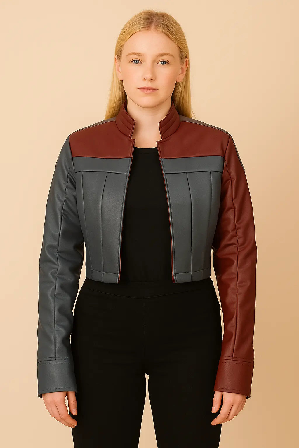 Front view of Harley Quinn Injustice 2 Maroon & Grey Leather Jacket for women