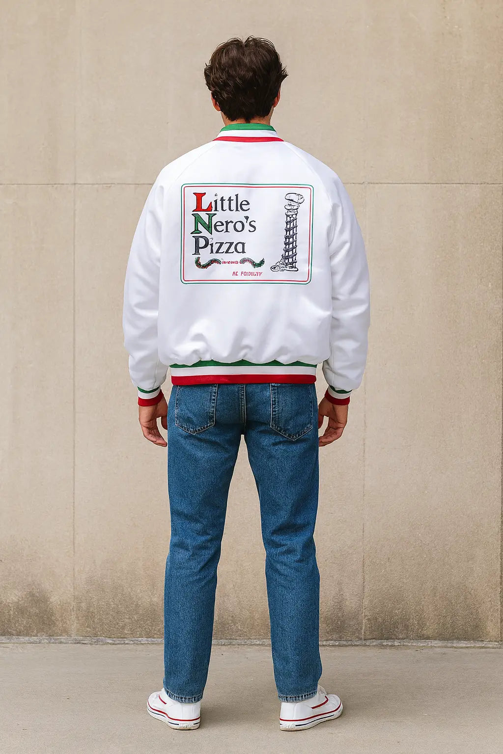 Back view of Home Alone Pizza Boy jacket featuring Little Nero’s Pizza logo