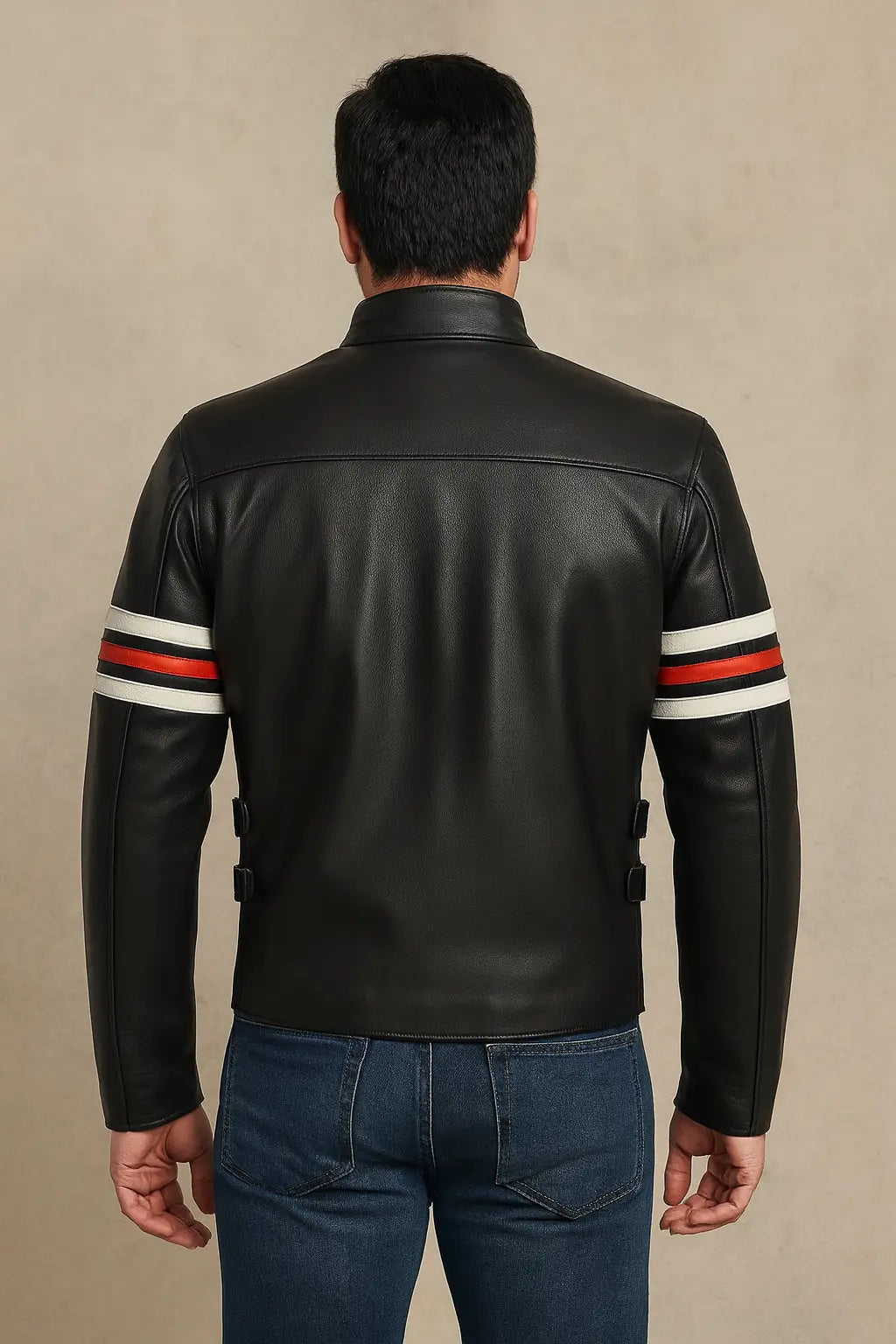 Back  of Gregory House-inspired motorcycle black leather jacket with stripes
