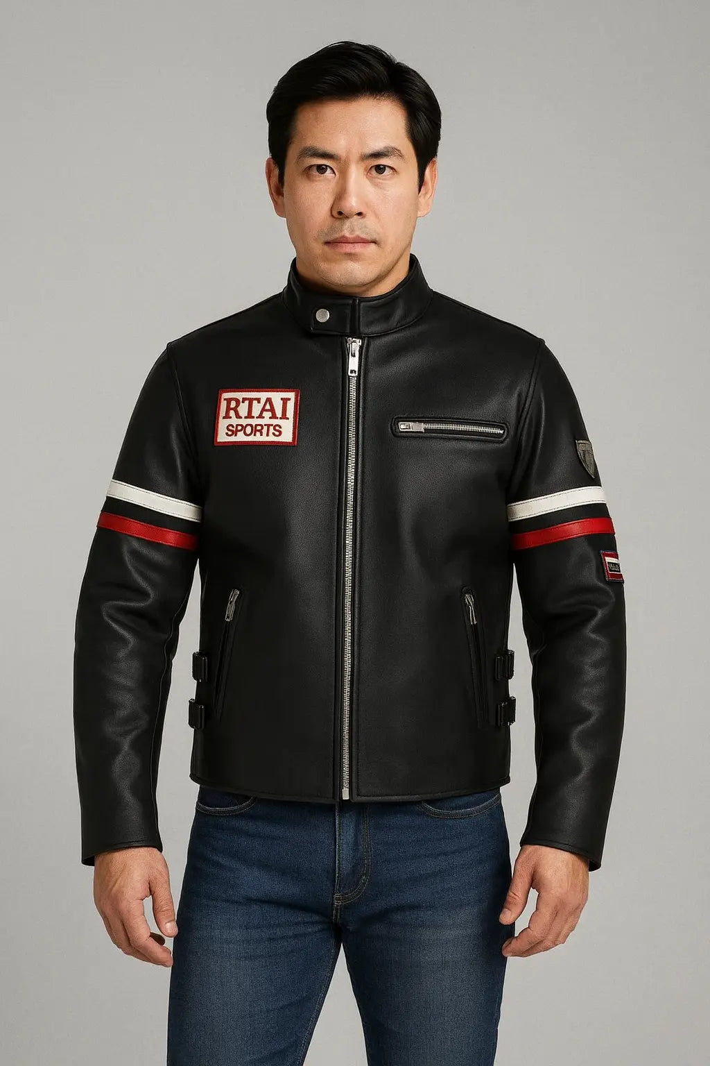 Front of House M.D. Gregory House black motorcycle leather jacket in genuine leather with zipper closure